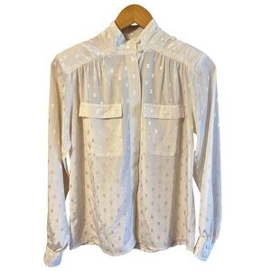Vintage Ivory Sheer Button-Up Blouse w/ Neck Detail, sophisticated,capsule